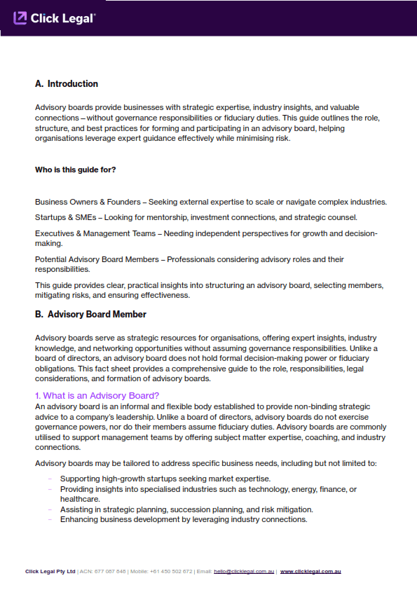 Page 2 of Advisory Board Member Guide by Click Legal