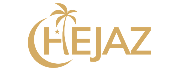 HEJAZ logo featuring a palm tree and crescent moon on black background