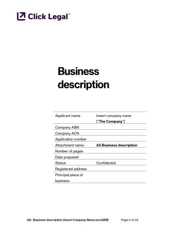 Afsl Example AFSL Business Description Template (Formerly A5) | Editable