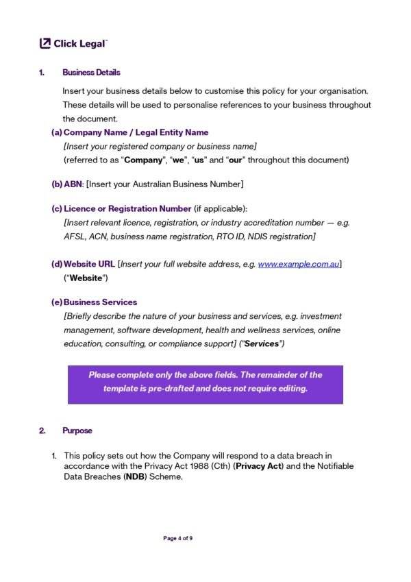 SME Data Breach Response Policy Template (Australia) | Click Legal
