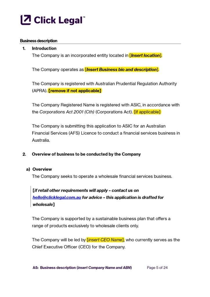 AFSL Business Description Template (Formerly A5) by Click Legal: Introduction and overview sections.