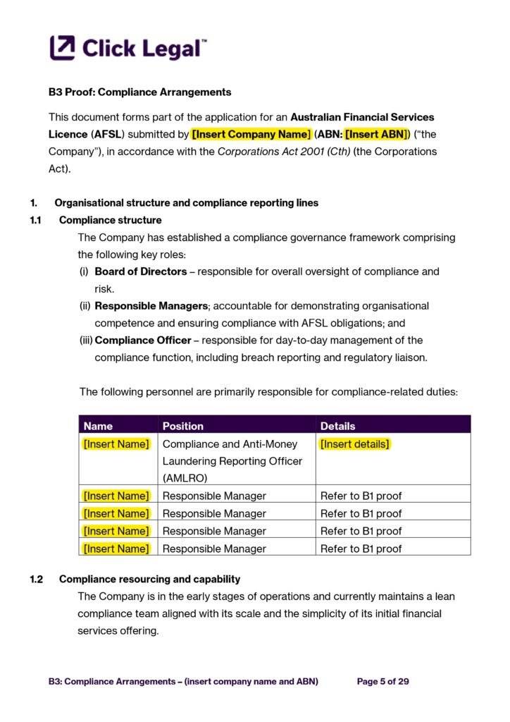AFSL Compliance Calendar Template showing organizational structure and reporting duties