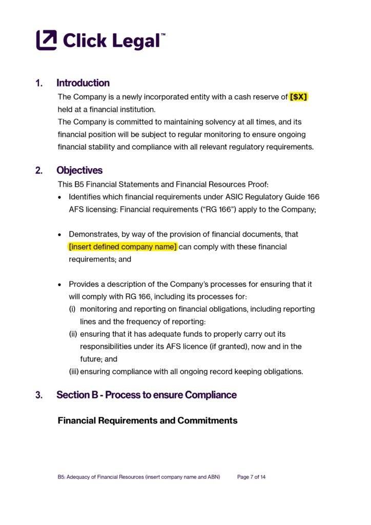 AFSL Financial Resources Template (Formerly B5) document page outlining financial requirements and compliance.