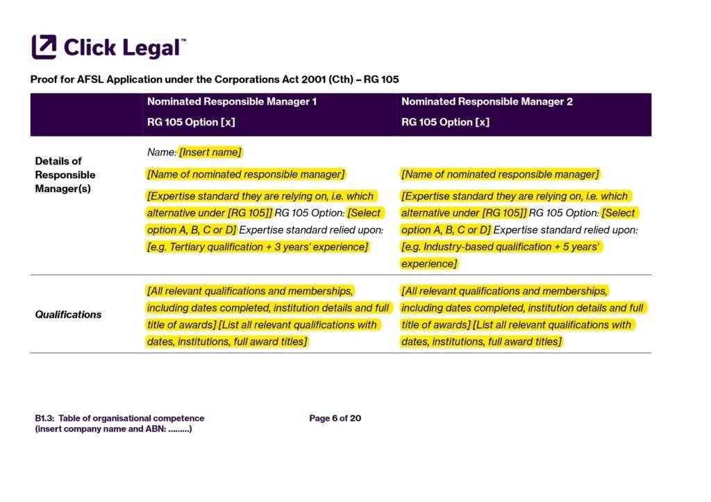 AFSL Table of Organisational Competence Template (Formerly B1.3): RG 105 form for nominated responsible managers.