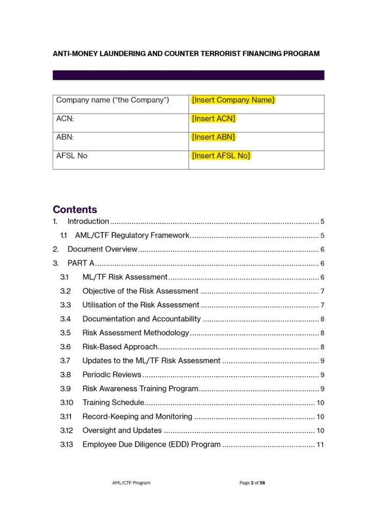 AML/CTF Program Template for AFSL Holders: Anti-Money Laundering and Counter Terrorist Financing Program document.