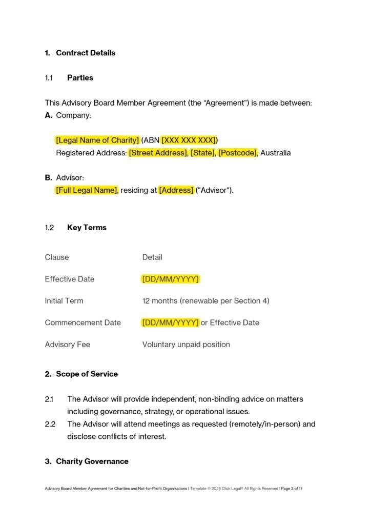 Advisory Board Agreement - Charities & Non-Profits: Template outlining contract details, scope of service, and governance.