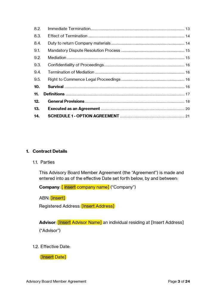 Advisory Board Agreement Template: Contract details, parties, effective date.