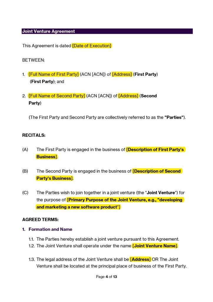 Joint Venture Agreement Template (Australia) document preview with highlighted sections