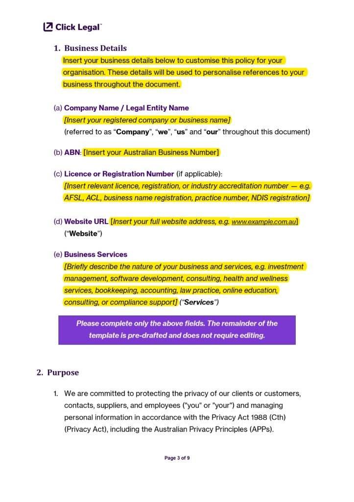 Click Legal™ Privacy Policy Template (Australia) showing business details section.
