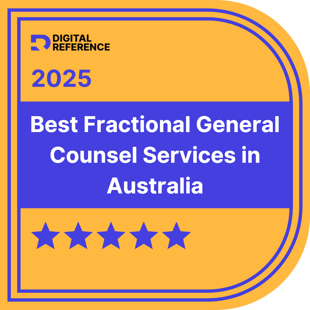Award graphic: "Best Fractional General Counsel Services in Australia 2025" with a 5-star rating.