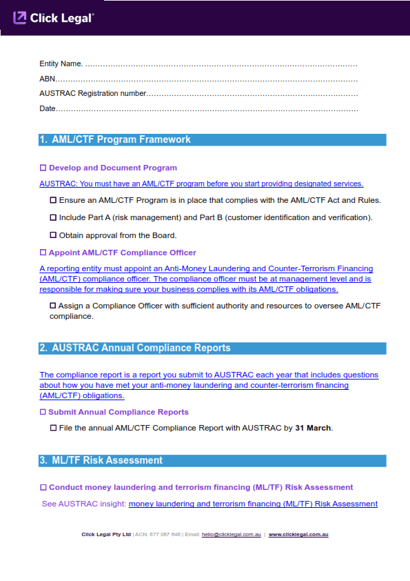 Page 2 Of AML CTF Compliance Checklist By Click Legal