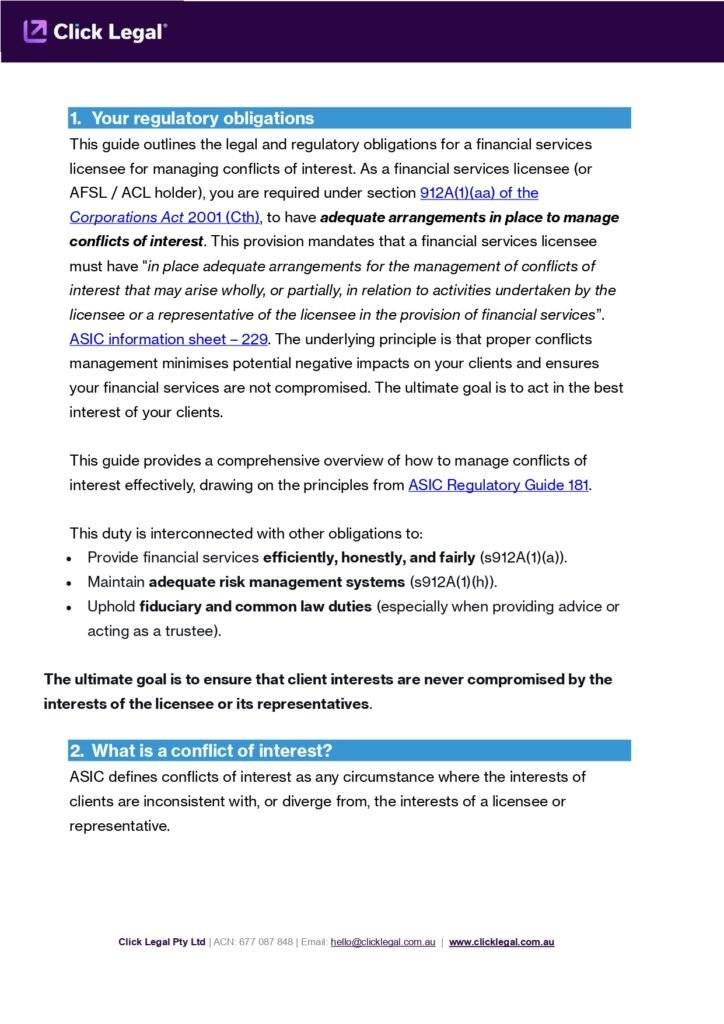 Page 2 Of Conflicts Of Interest Management Guide For AFSL ACL Holders By Click Legal