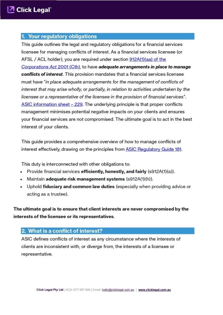 Afsl Example Conflicts of Interest Management Guide (AFSL & ACL Holders) - Click Legal