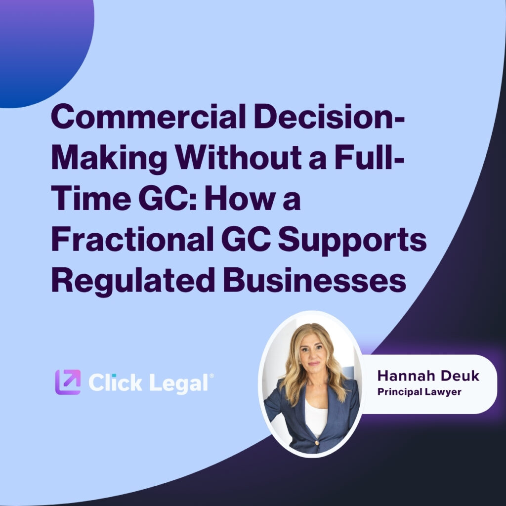 Click Legal image: Fractional GC supports regulated businesses. Hannah Deuk, Principal Lawyer.