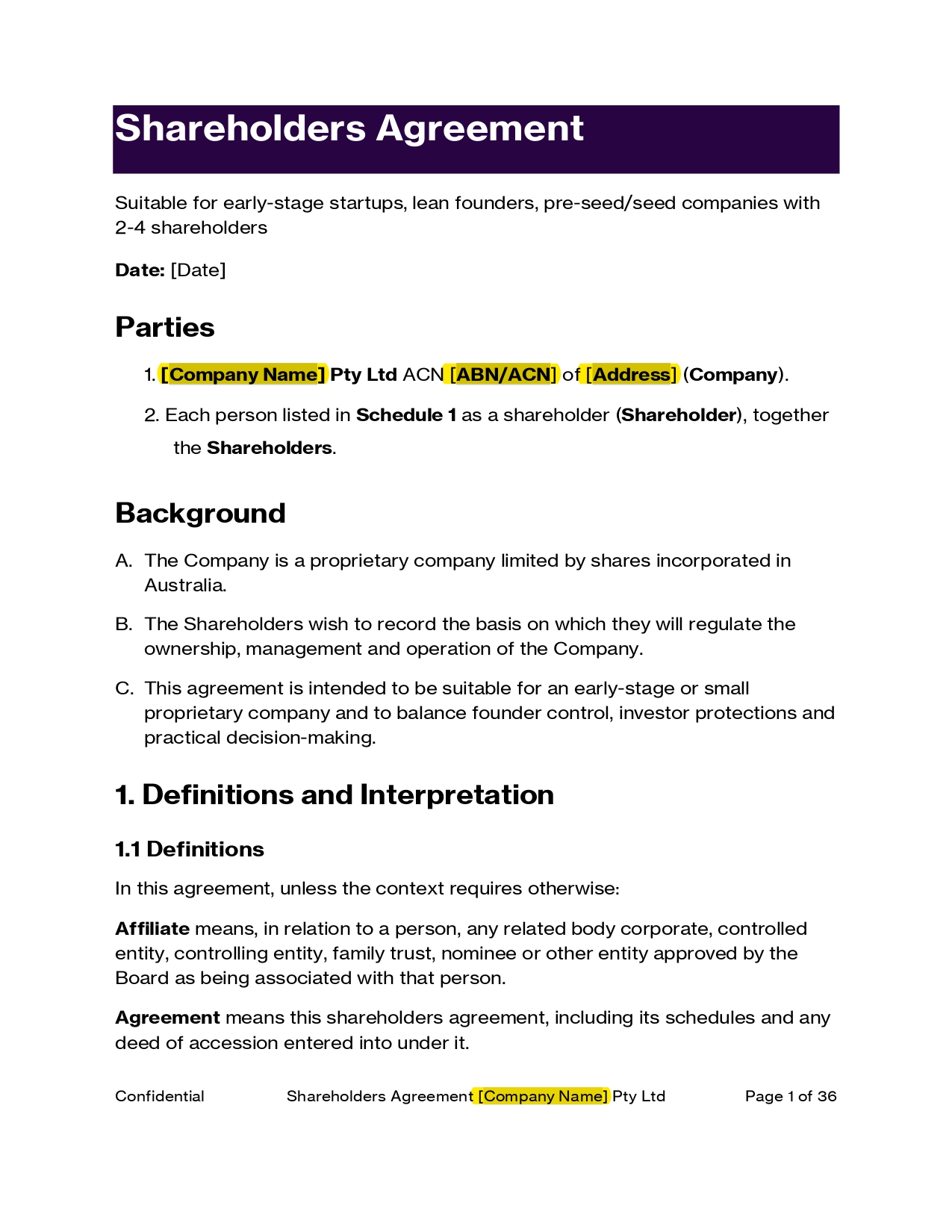 Free Shareholders Agreement Template for Startups (AU) | Editable