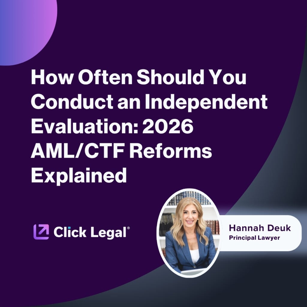 Image promoting an article on independent AML/CTF evaluations for 2026 reforms, featuring Hannah Deuk, Principal Lawyer at Click Legal.