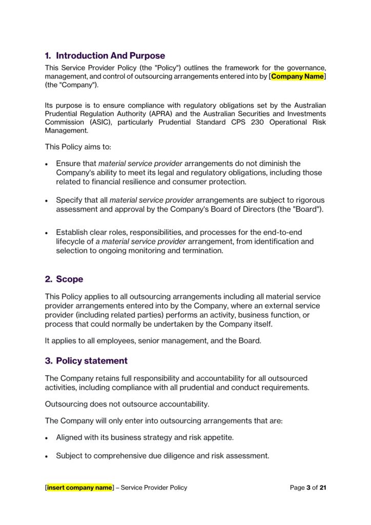 Service Provider Policy document outlining governance and outsourcing management from Service Provider (Outsourcing) Policy Template by Click Legal
