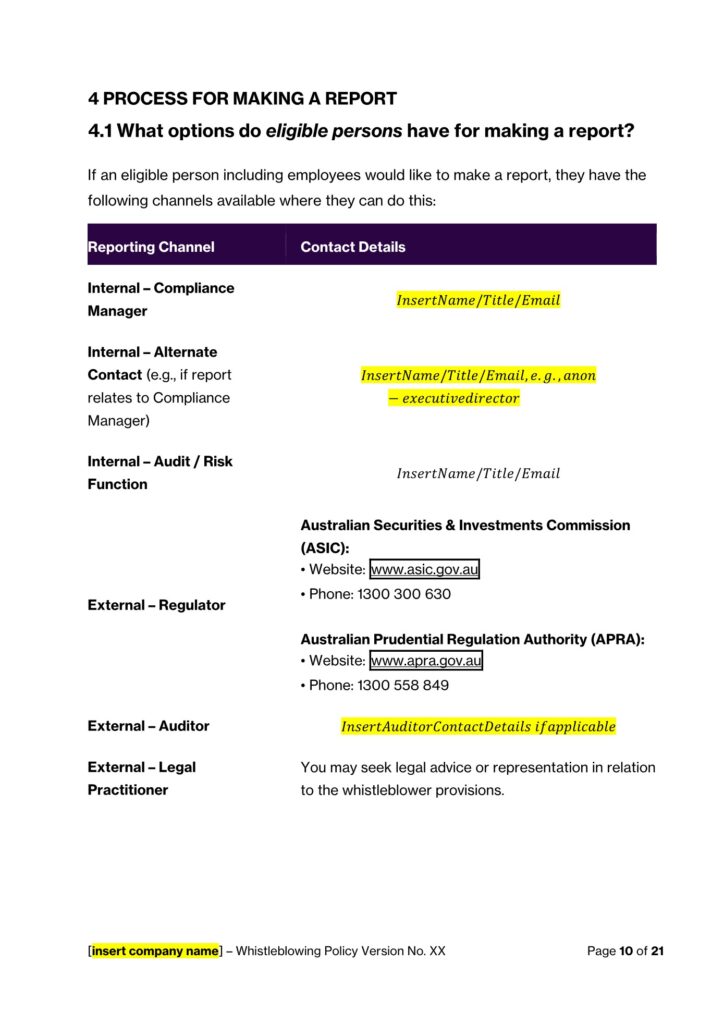 Whistleblowing policy excerpt detailing internal and external reporting channels with contact information.