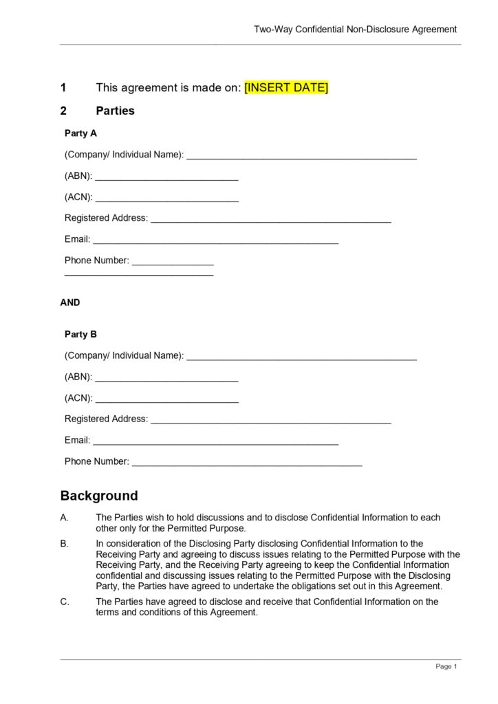 Confidentiality agreement template: Two-Way Non-Disclosure Agreement Parties A and B details