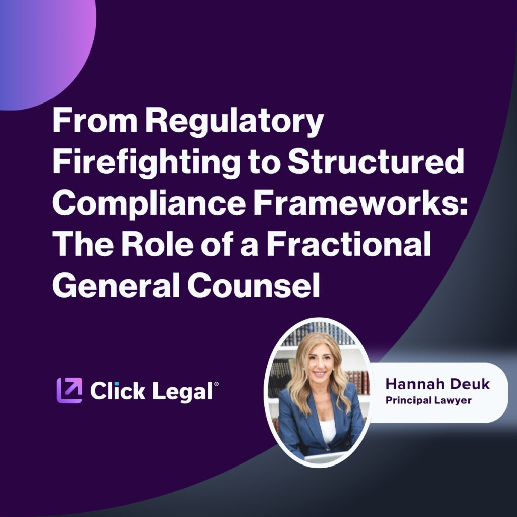 Hannah Deuk, Fractional General Counsel, discussing compliance frameworks with Click Legal logo.