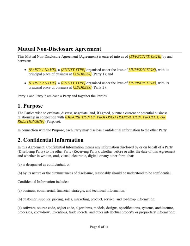 Mutual Non-Disclosure Agreement (NDA) text, defining parties and purpose.