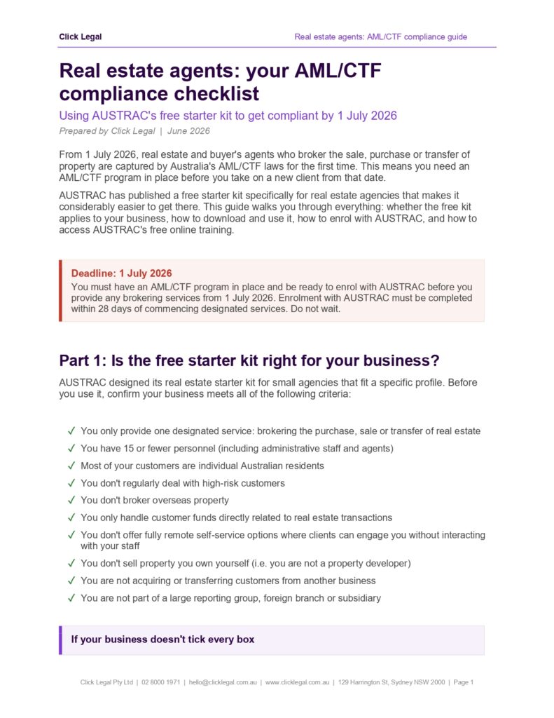 AML/CTF compliance checklist for real estate agents: page 1