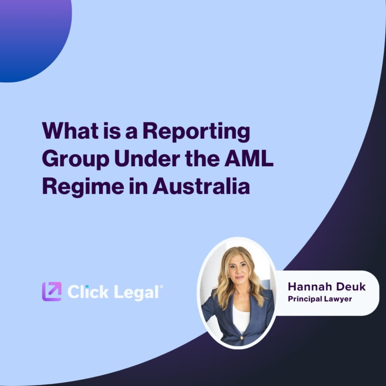 Click Legal logo, Hannah Deuk, and text about AML reporting groups in Australia.