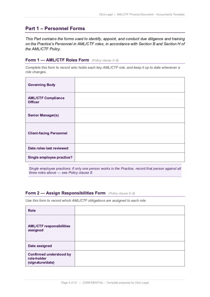 AML/CTF roles and responsibilities forms, including sections for governing body, compliance officer, and senior manager.