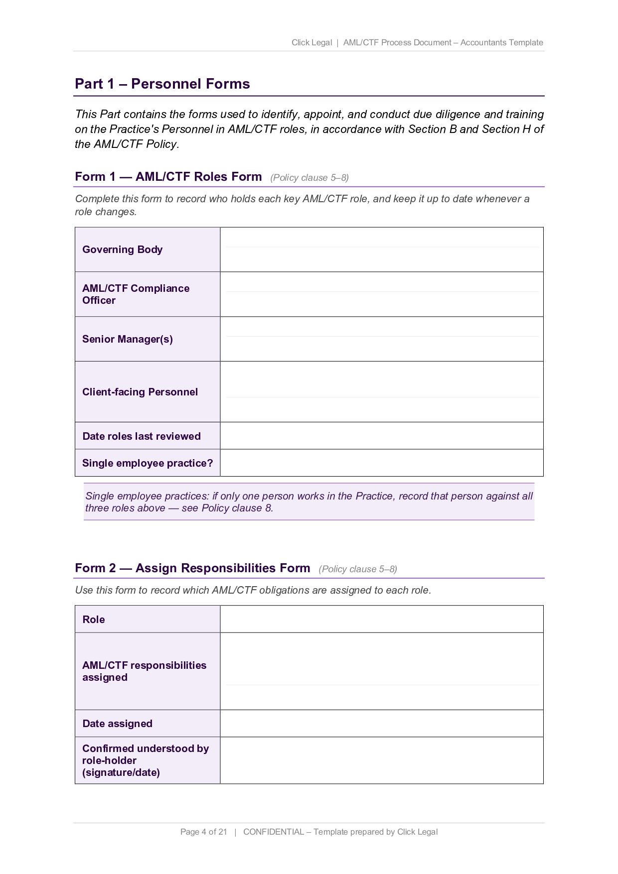 AML/CTF roles and responsibilities forms for personnel identification and assignment.