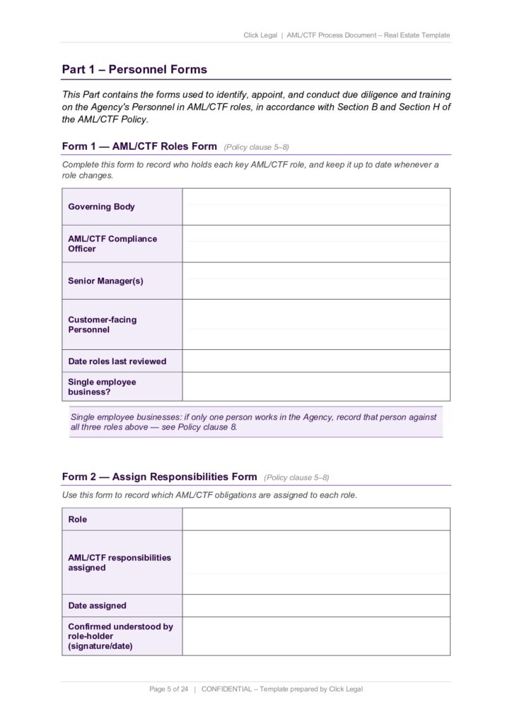 Personnel forms for AML/CTF roles and responsibilities