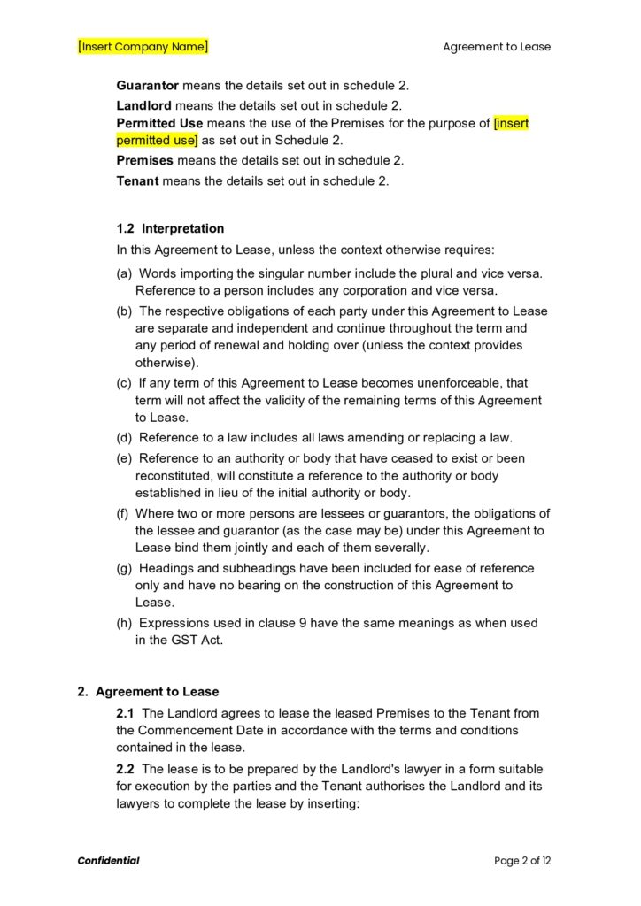 Lease agreement terms: Guarantor, Permitted Use, Premises, Tenant definitions