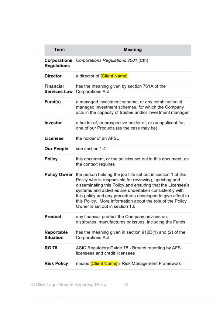Table defining terms like Director, Investor, Policy Owner, and RG 78
