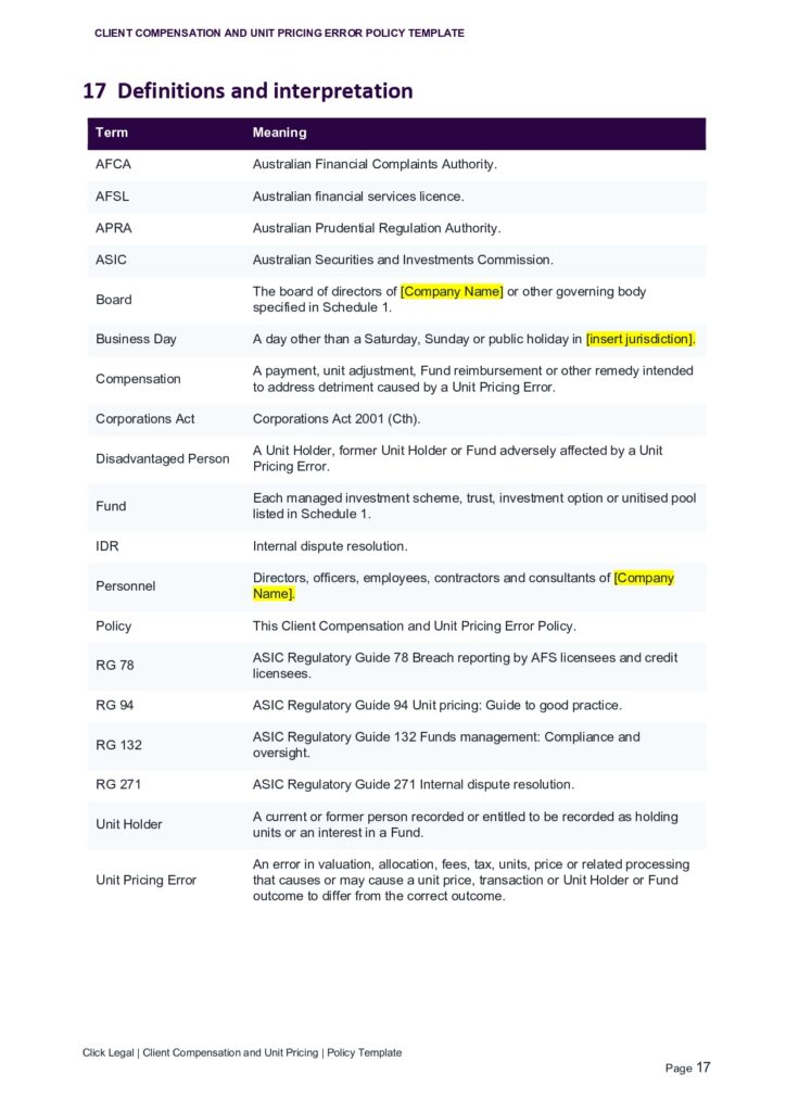 Client Compensation and Unit Pricing Error Policy definitions and interpretation
