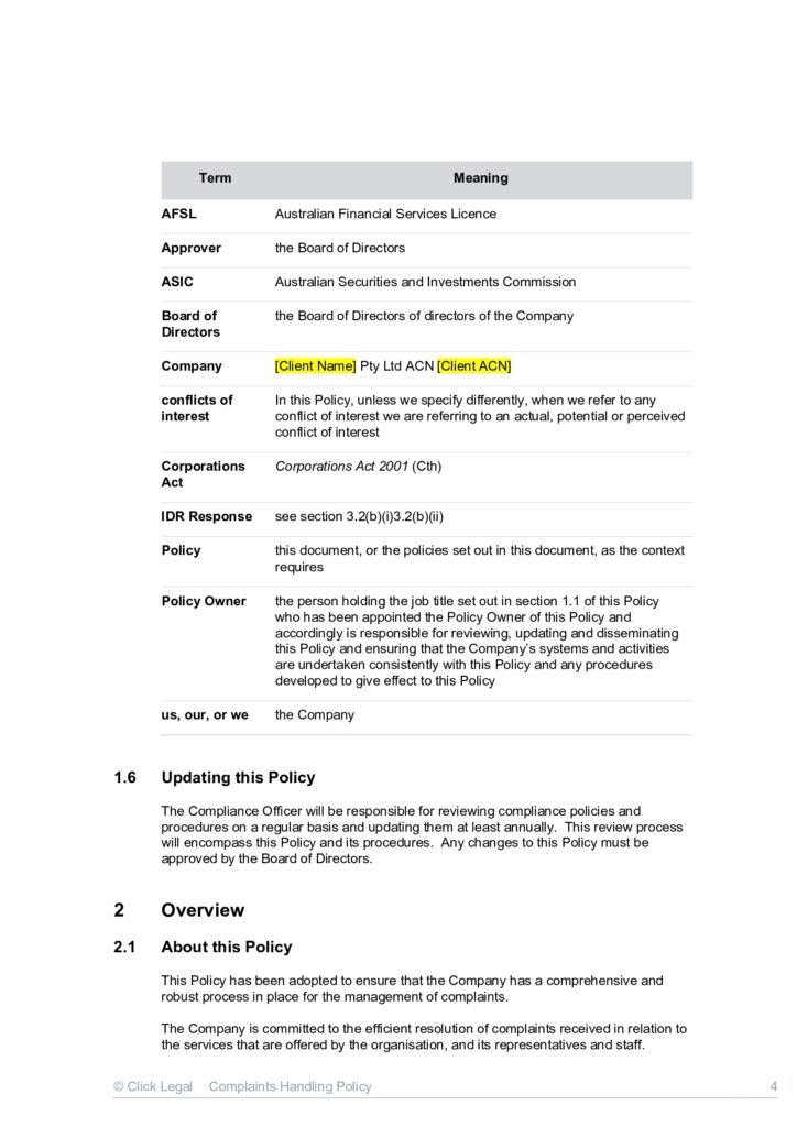 Policy document with definitions for AFSL, ASIC, and Corporations Act
