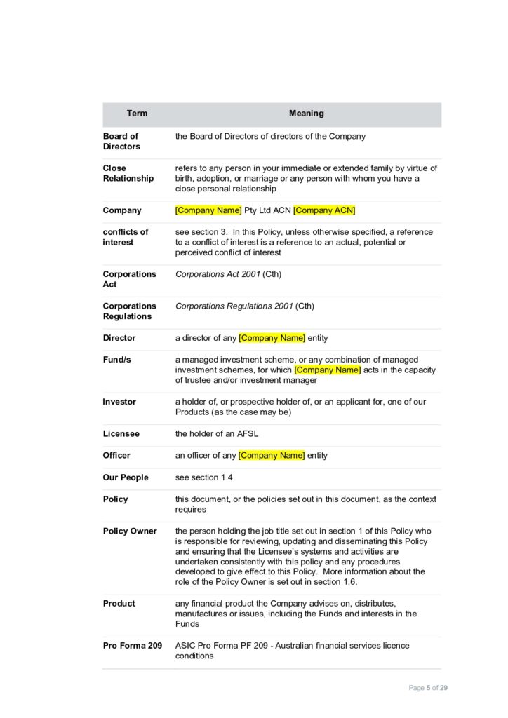 Table defining terms like Board of Directors, Company, and Investor with their meanings.