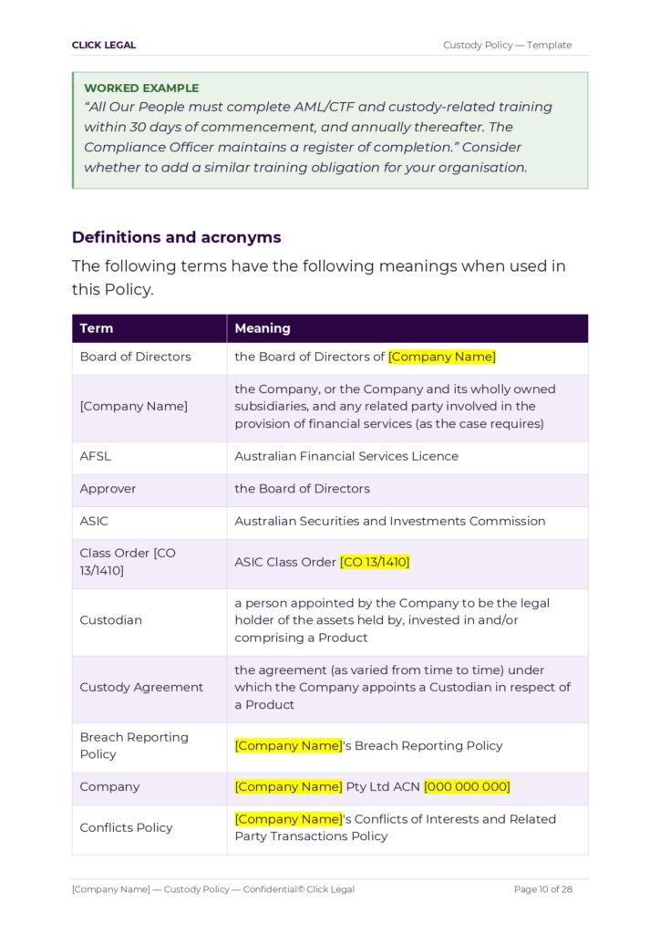 Table defining terms like Board of Directors, Company Name, and Custody Agreement