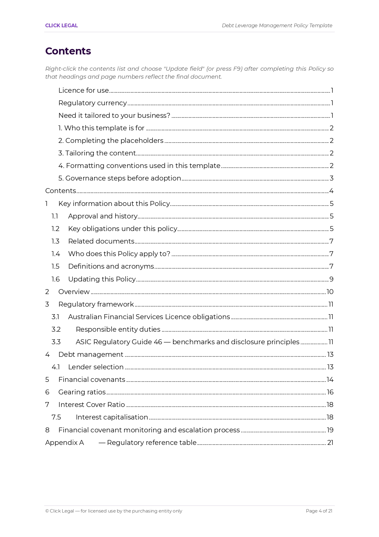 Debt Leverage Management Policy Template: Table of Contents