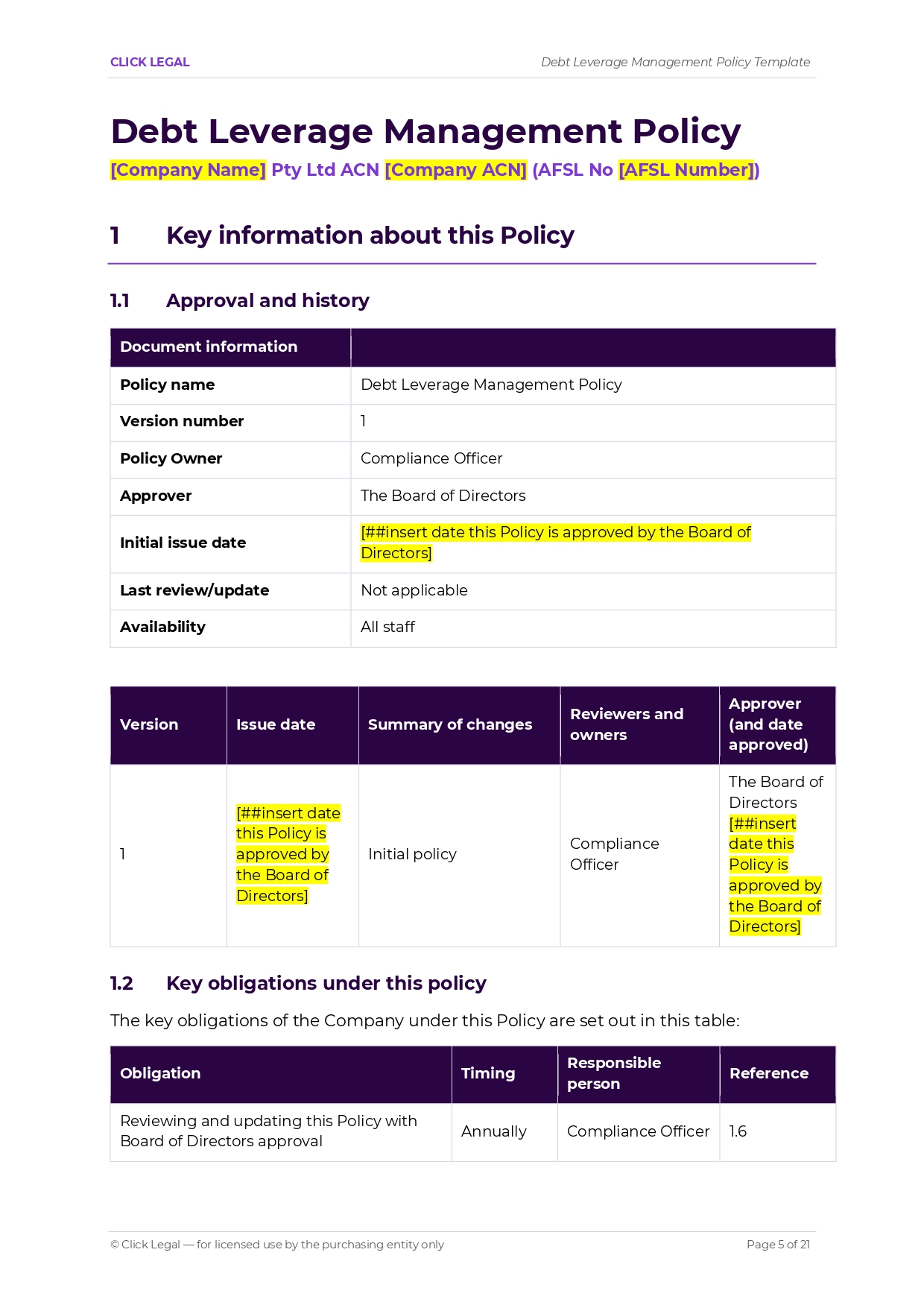 Debt Leverage Management Policy document with sections on approval, history, and obligations.