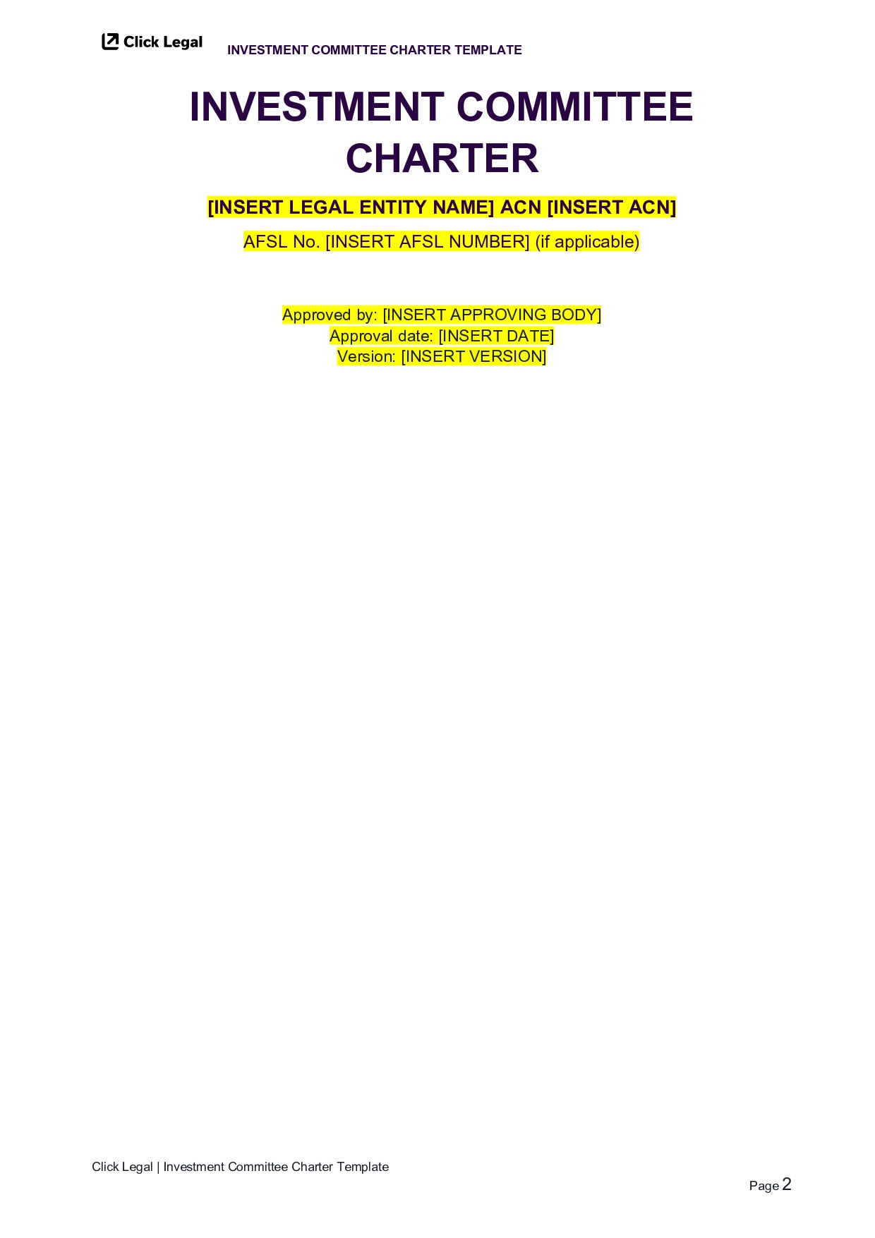 Investment Committee Charter template with placeholder text for entity name and AFSL number.