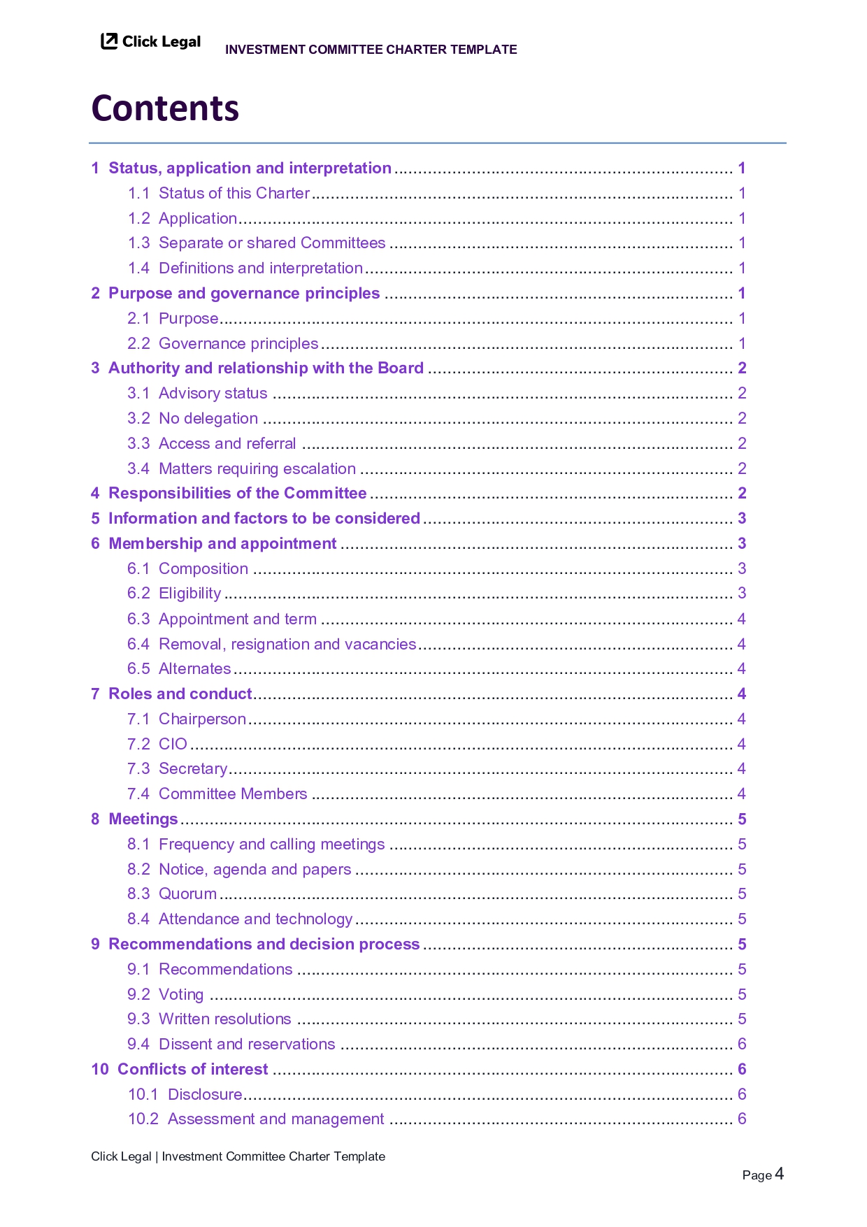 Contents page of Investment Committee Charter Template with sections like Status, Purpose, and Responsibilities.
