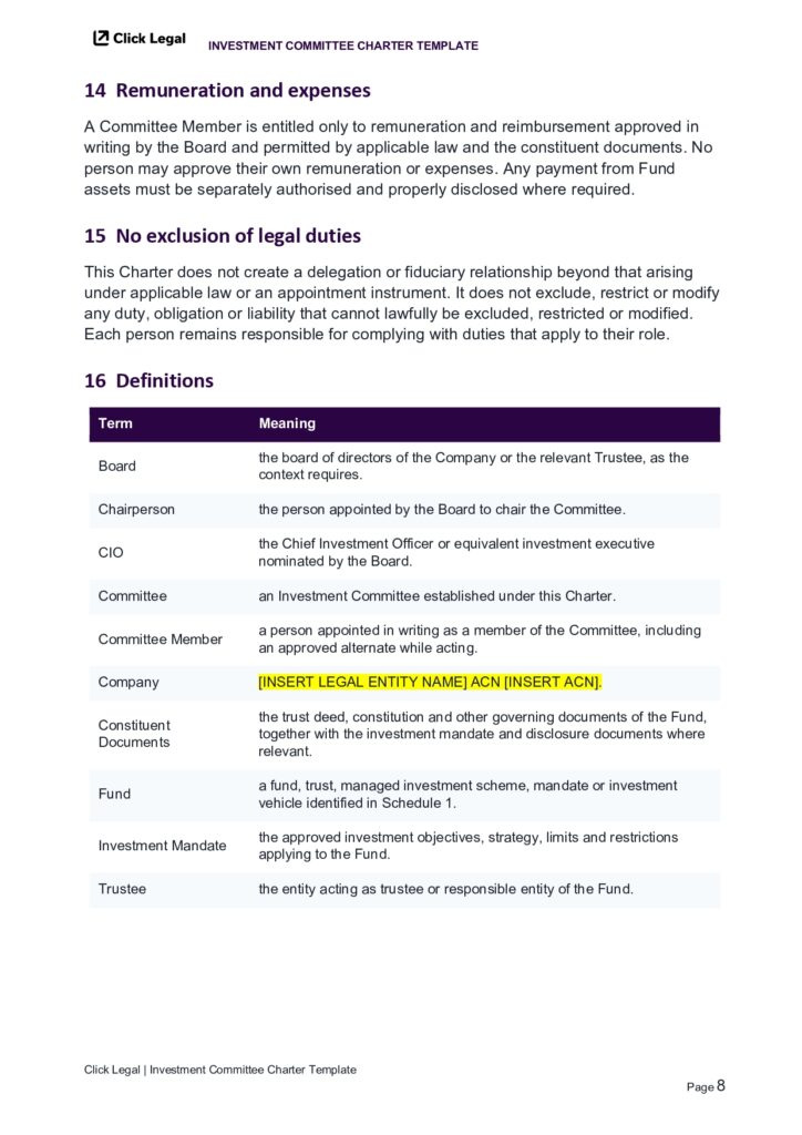 Investment Committee Charter: Definitions section with terms like Board, CIO, Committee, and Fund