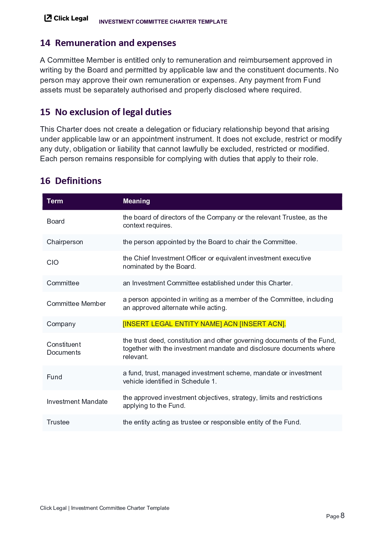 Investment Committee Charter: Definitions section with terms like Board, CIO, Committee, and Fund