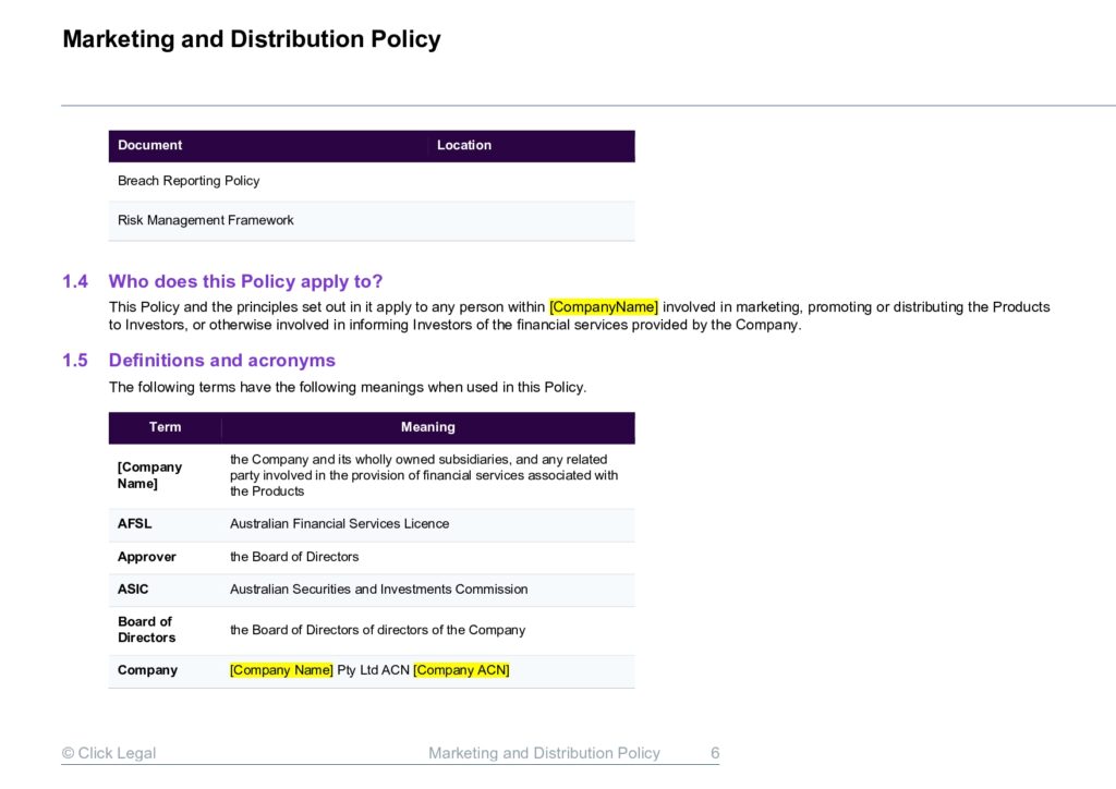 Marketing and Distribution Policy document excerpt with definitions and terms