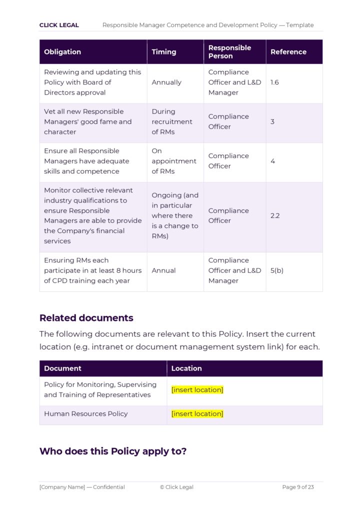 Table outlining Responsible Manager Competence and Development Policy obligations, timing, and responsible persons.