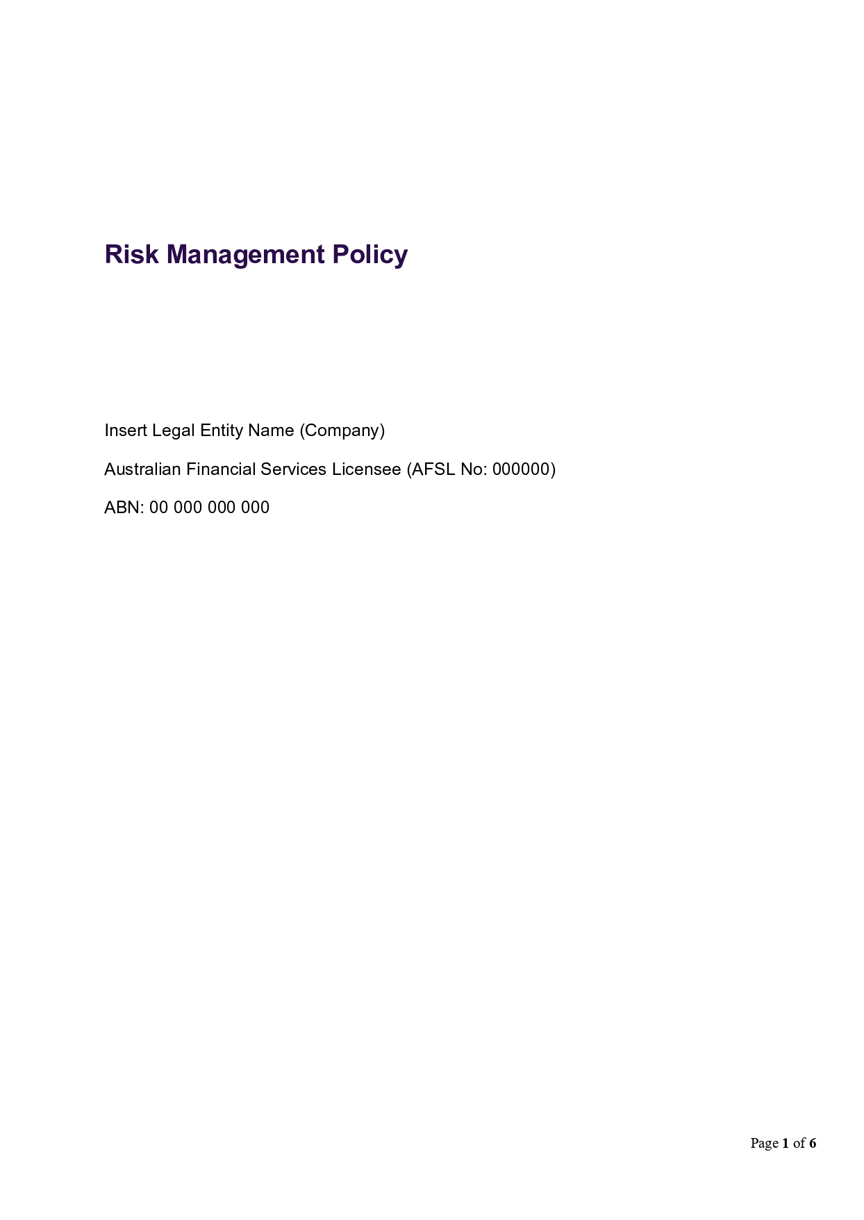 Risk Management Policy title page with company details