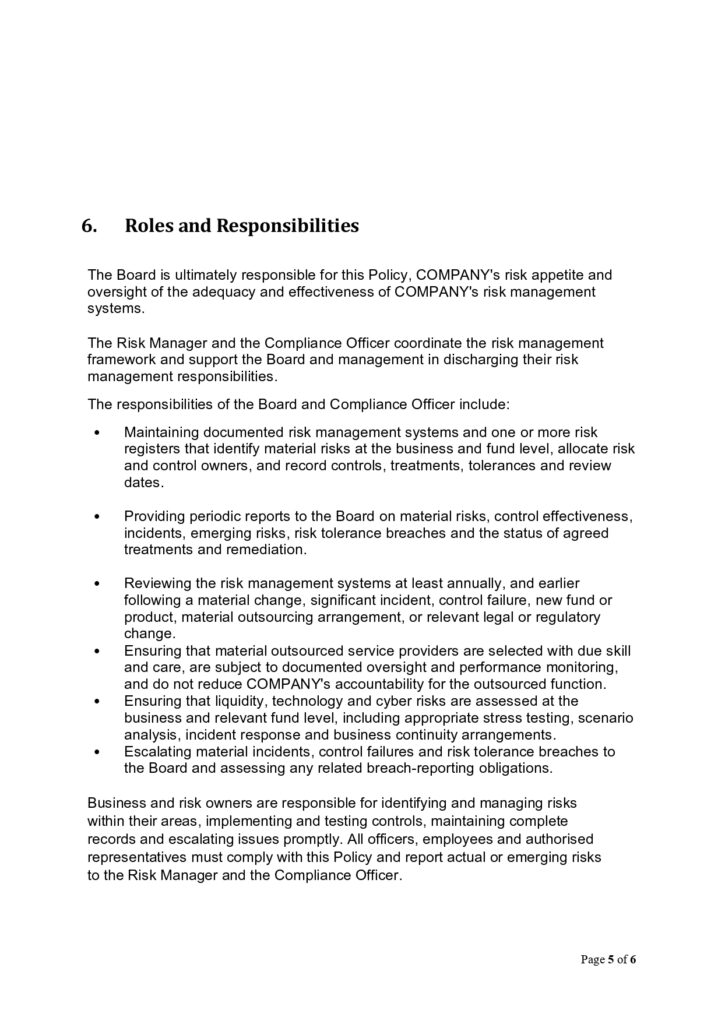 Text on Roles and Responsibilities for COMPANY's risk management