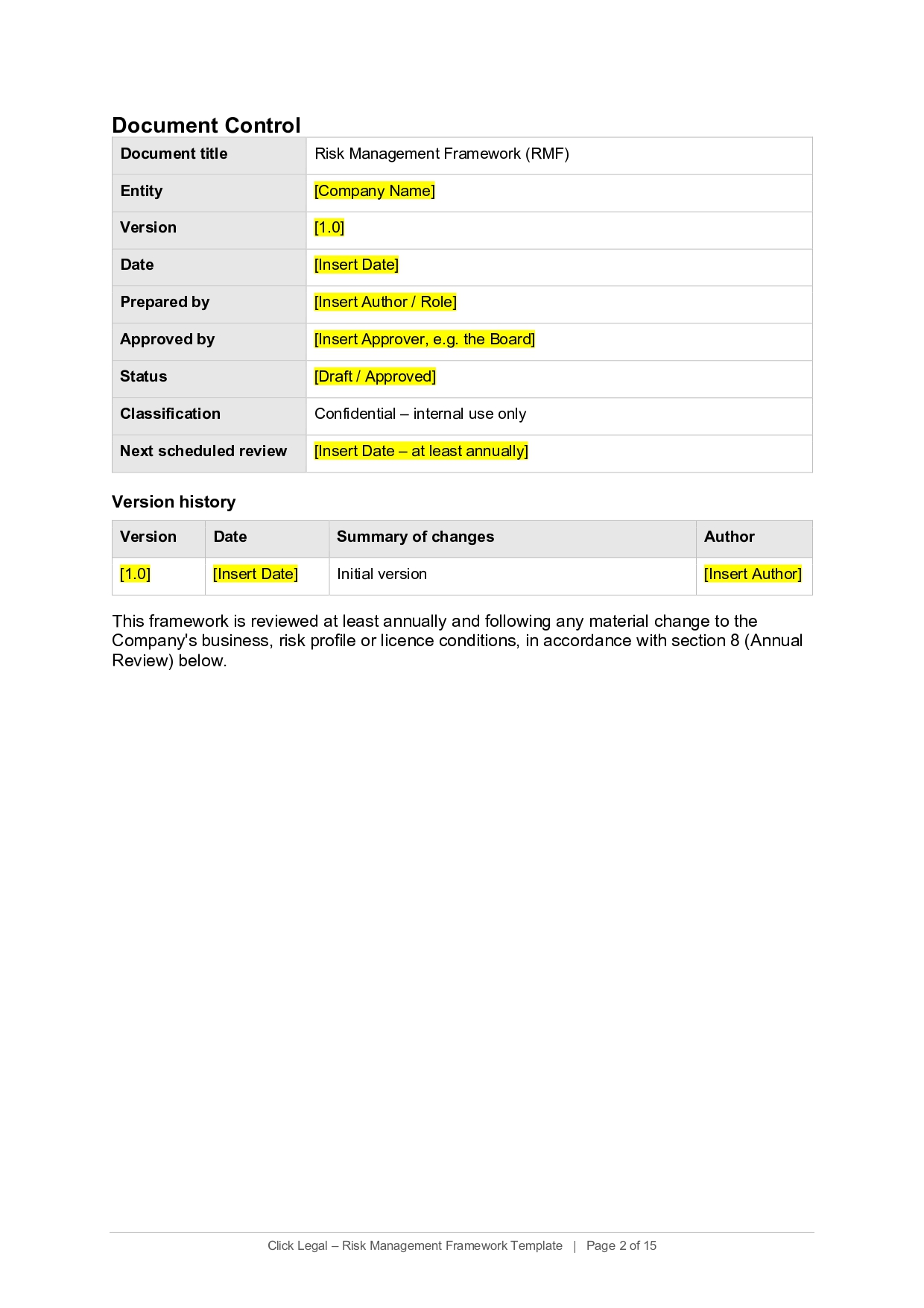 Document Control page for Risk Management Framework, showing version history and author details.