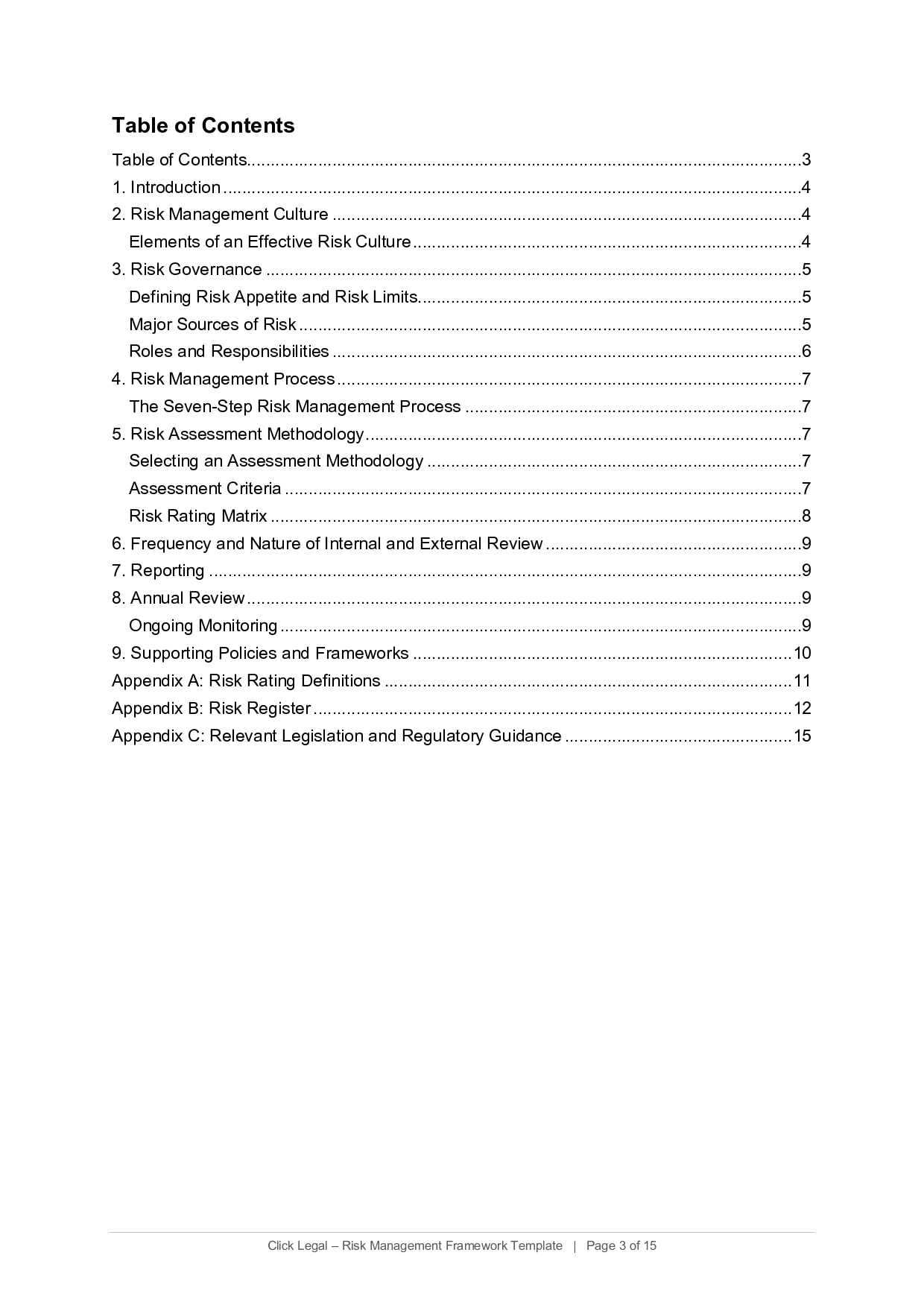 Table of Contents for Risk Management Framework Template
