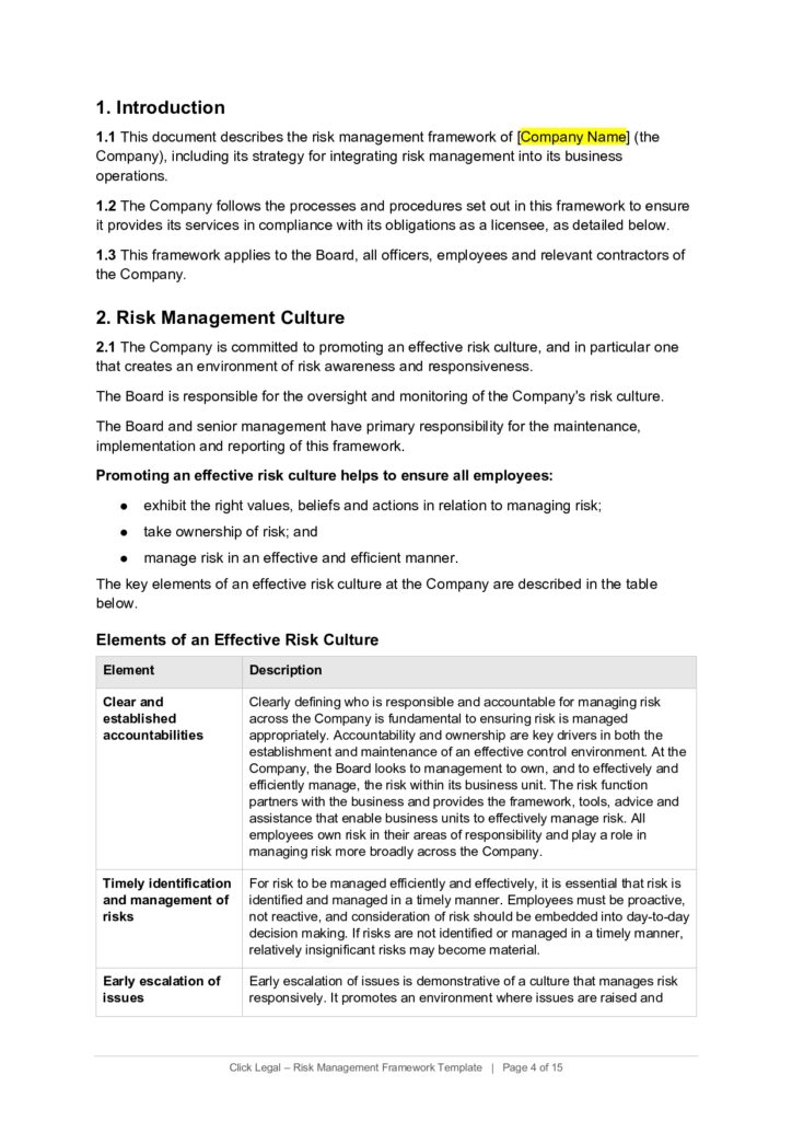 Table outlining risk management framework elements: Clear and established accountabilities, timely identification and management of risks, and early escalation of issues.