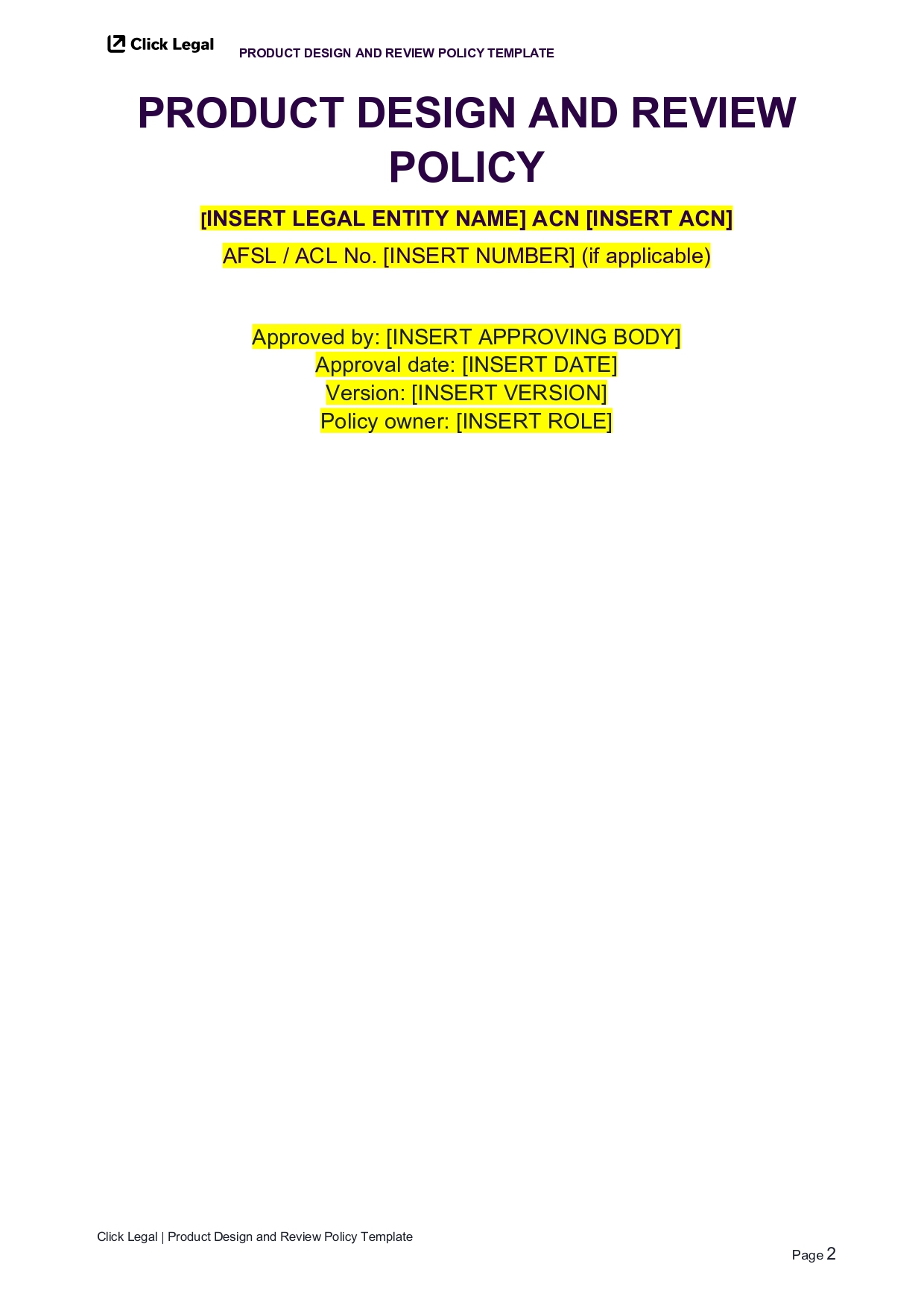 Product Design and Review Policy template with fields for entity name, ACN, approval, and version.